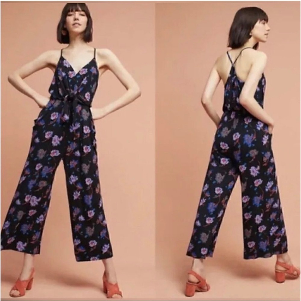 Moulinette Soeurs | Anthropologie Floral Wide Leg Jumpsuit | M || Black Purple|